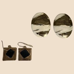 2 Pair Gold Statement Earrings Set | Oval + Geometric Dangle